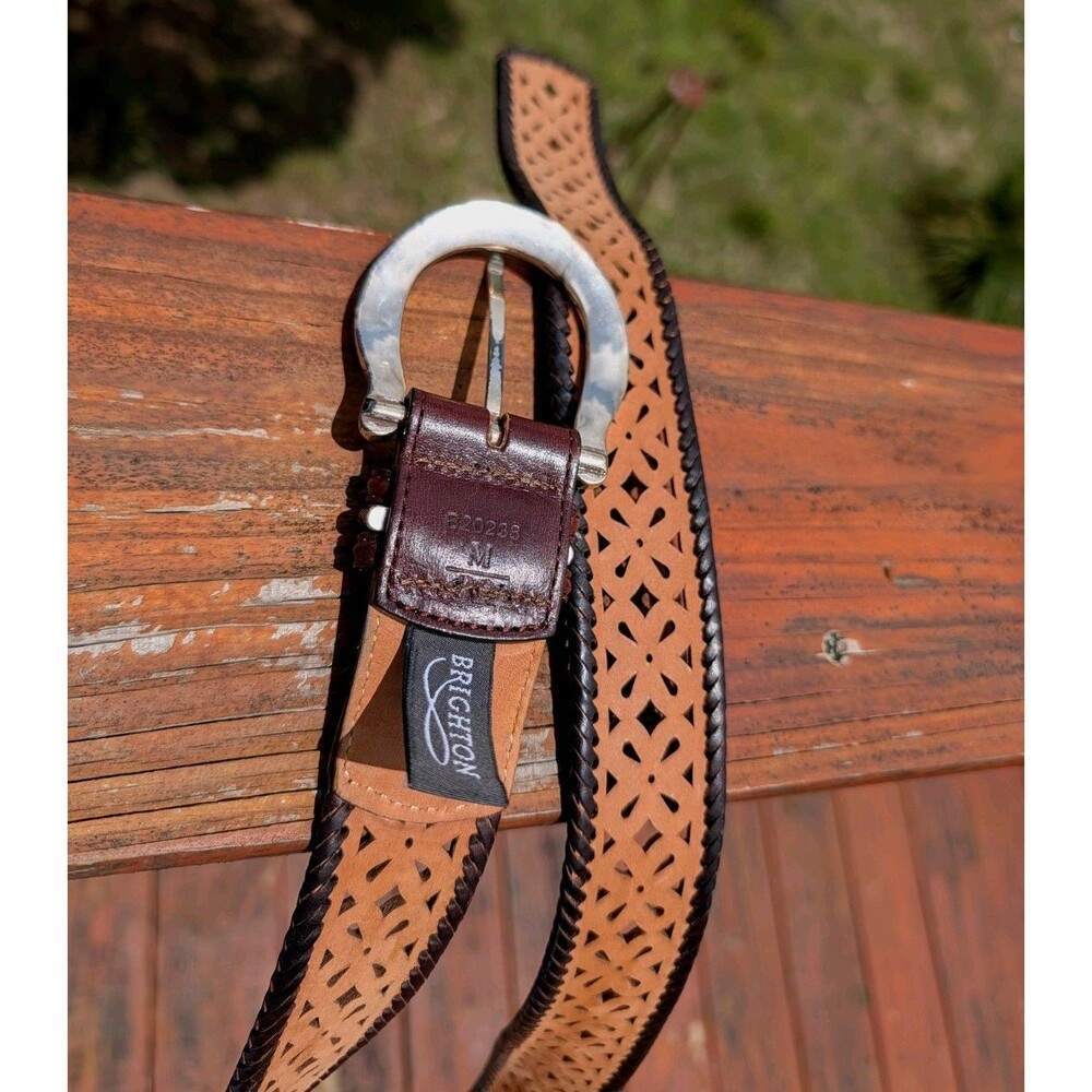Brighton Dark Brown Leather Belt Lacing Cut Out Western Silver Buckle MED B20238 - Picture 6 of 6